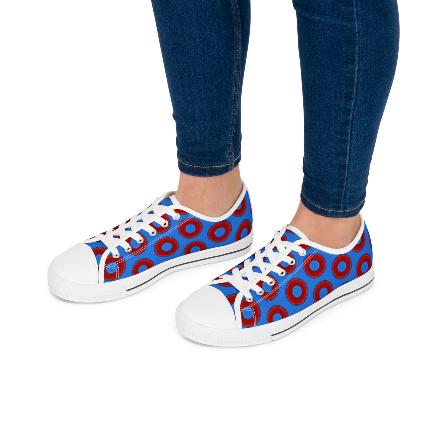 Women's - Low Top Chuck Taylors - large vivid red donut print w/light royal blue background