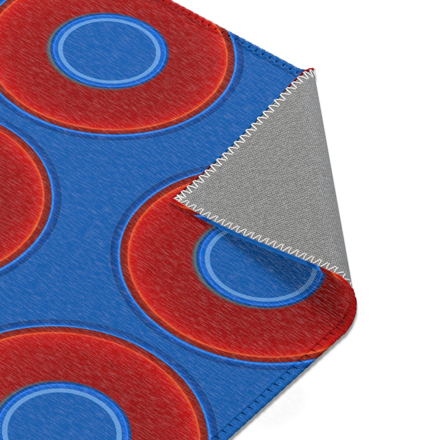 Lumpy Donut Print Rug - choice of 3 sizes - vivid red donut print w/dark royal blue background