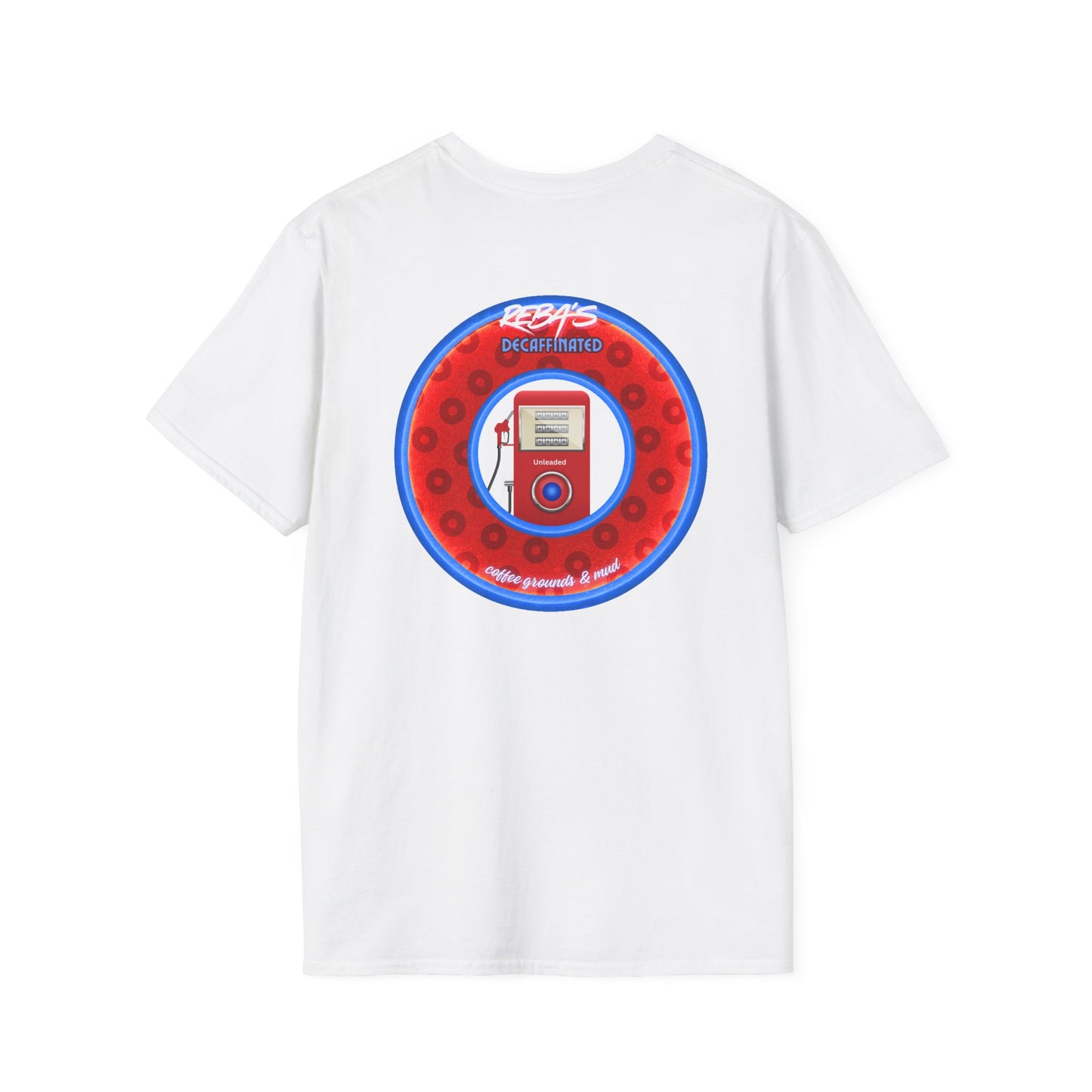 Coffee Traders Tee - Unisex Soft-Style - "Reba's Decaf: Coffee Grounds & Mud " - paradoxical donut - variant 2 - logo front/Reba back