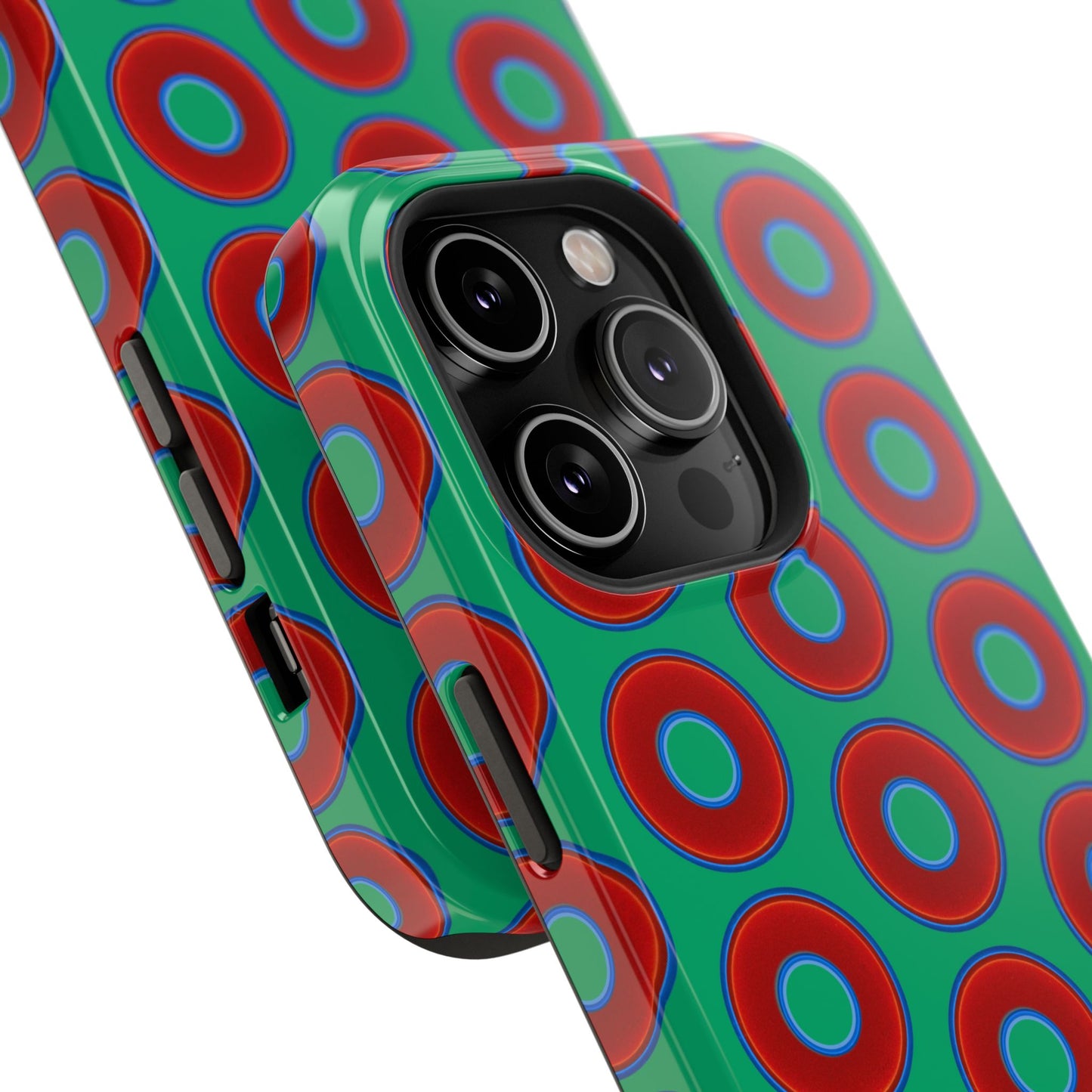 Impact-Resistant Lumpy Donut Case - red vivid donut print w/jade green background