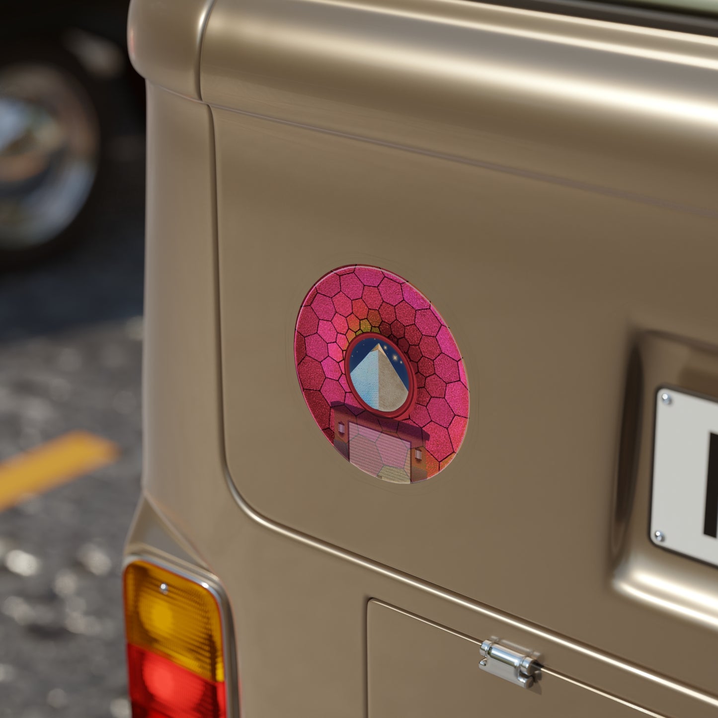 Donut Bumper/Outdoor Sticker - "Limestone Donuts so Large" - series 1.0 - variant 8 - magenta hexadonut w/garage - [Die-Cut] 6"x 6"