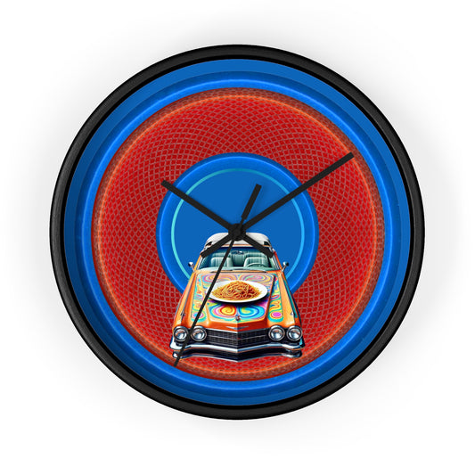 Lumpy Wall Clock - "Cadillac Rainbows & Eating on the Run" - variant 1 - rustic red/blue donut w/dark royal blue background