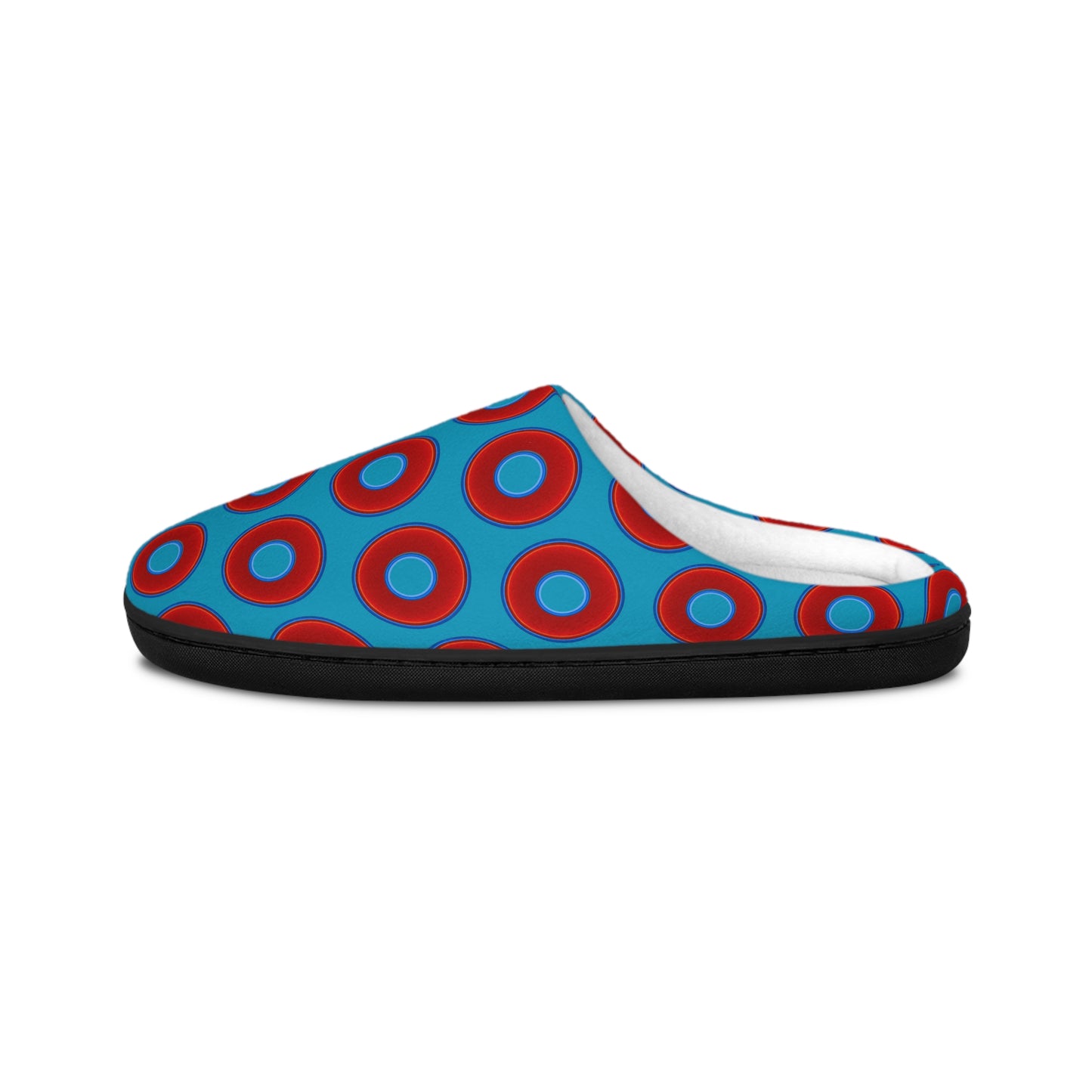 Women's Lumpy Slippers - red vivid donut print w/aquamarine blue background