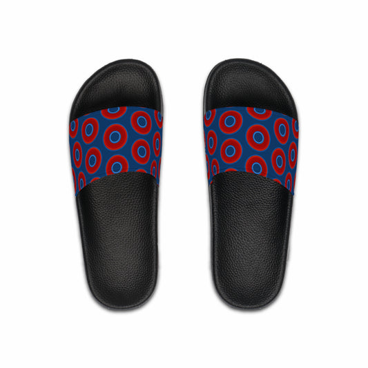 Men's Lumpy Sandals - slip-ons - red vivid donuts w/Atlantic navy blue background