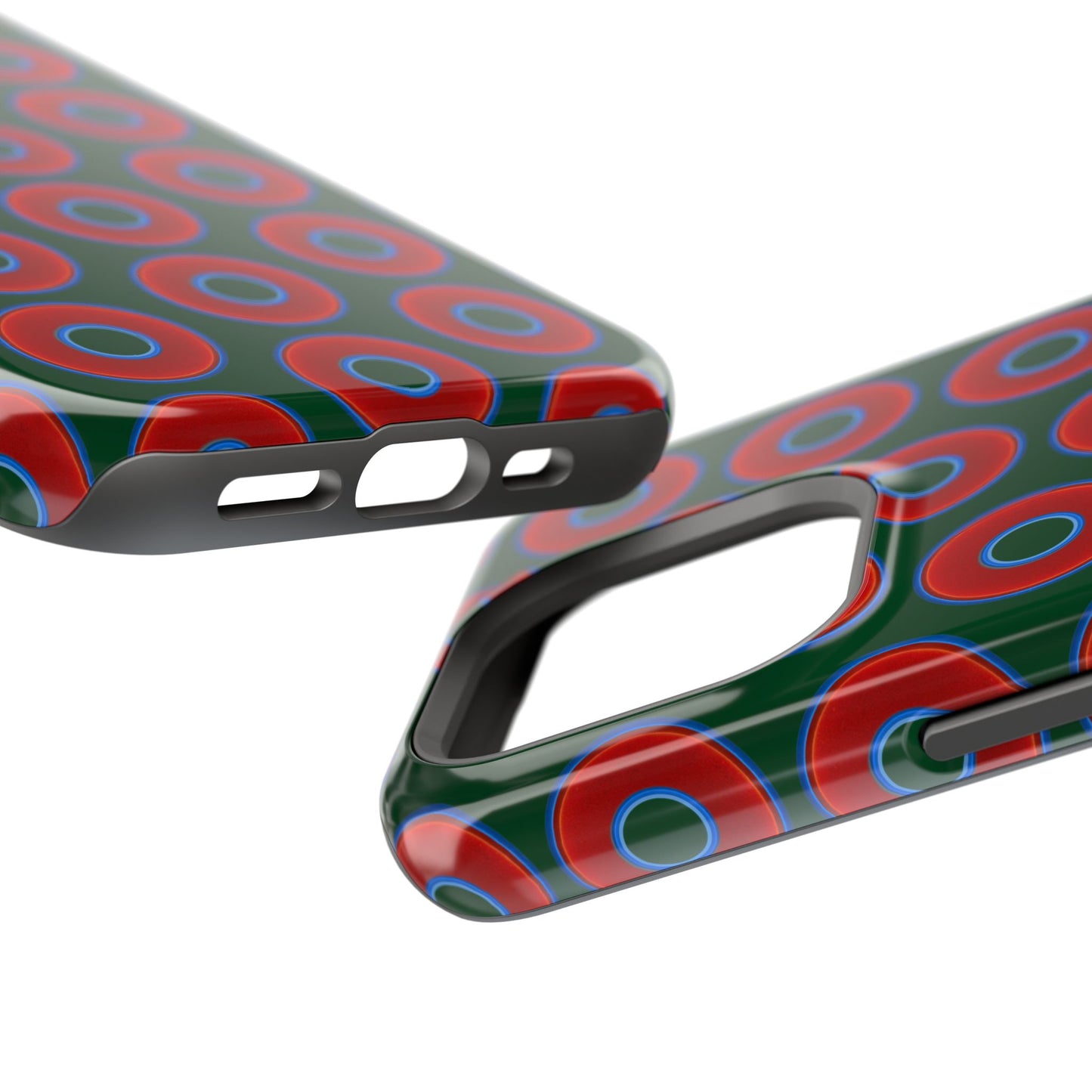 Impact-Resistant Lumpy Donut Case - red vivid donut print w/dark pond green background
