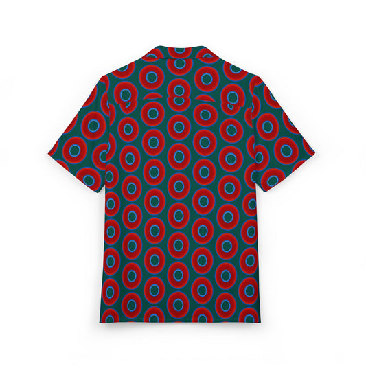 Wilson's 'Epic Hawaiian-Punch' Shirt - vivid red donut print w/dark Fenway green background [unisex]