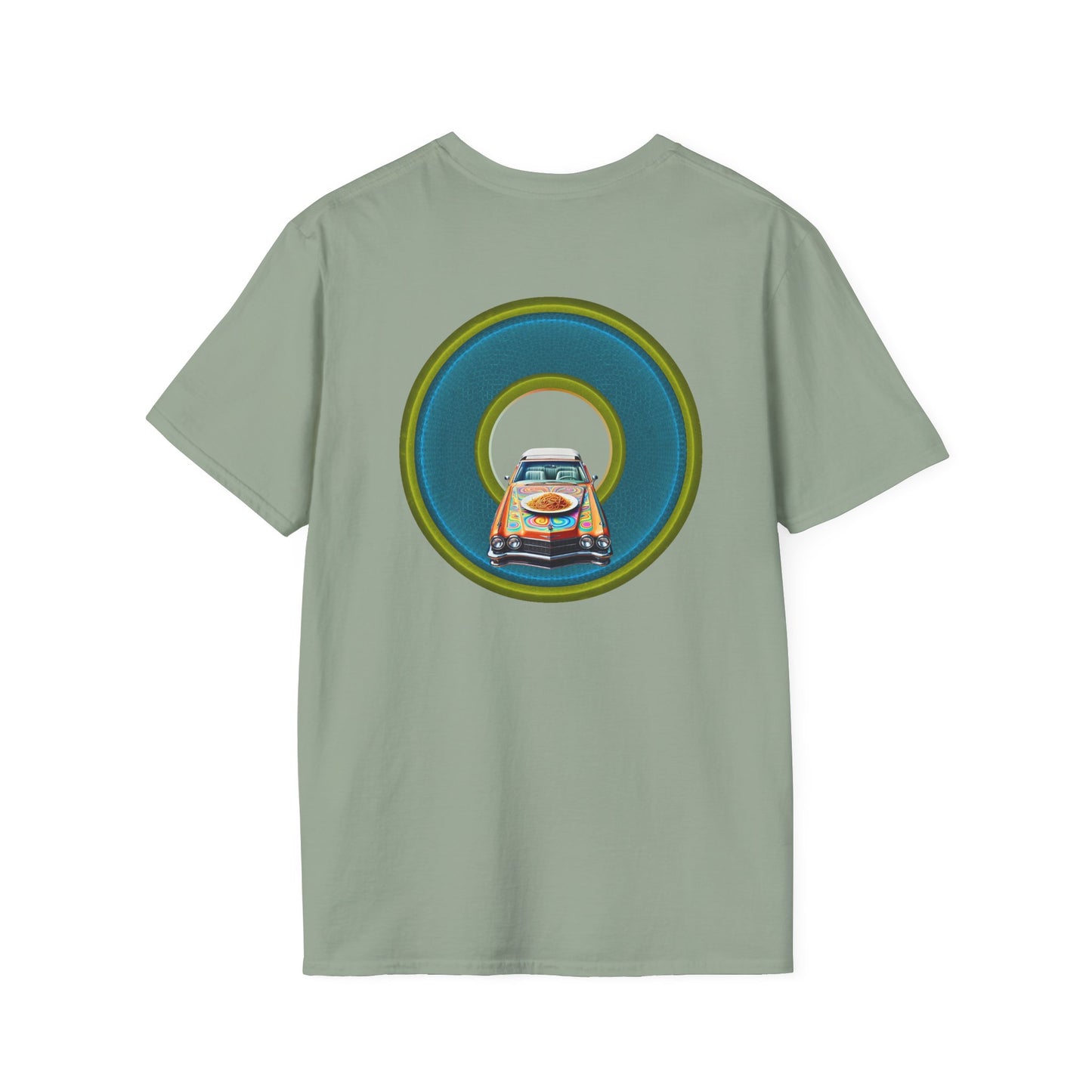 Classic Donut Tee - Unisex Soft-Style - "Cadillac Rainbow Spaghetti Incident" - series 1.0  - variant 1 - blue/green donut