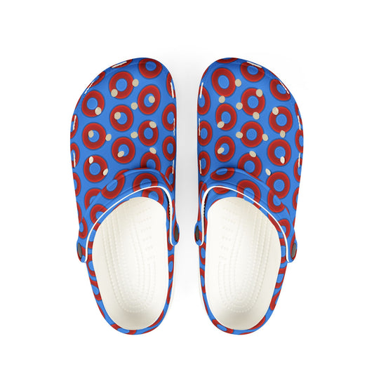 Spatchcocks - donut slip-on shoes - vivid red donuts w/light royal blue background [unisex]