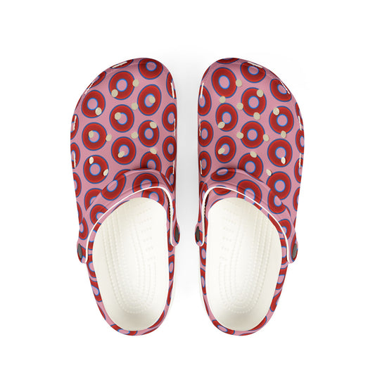 Spatchcocks - donut slip-on shoes - vivid red donuts w/pale magenta background [unisex]