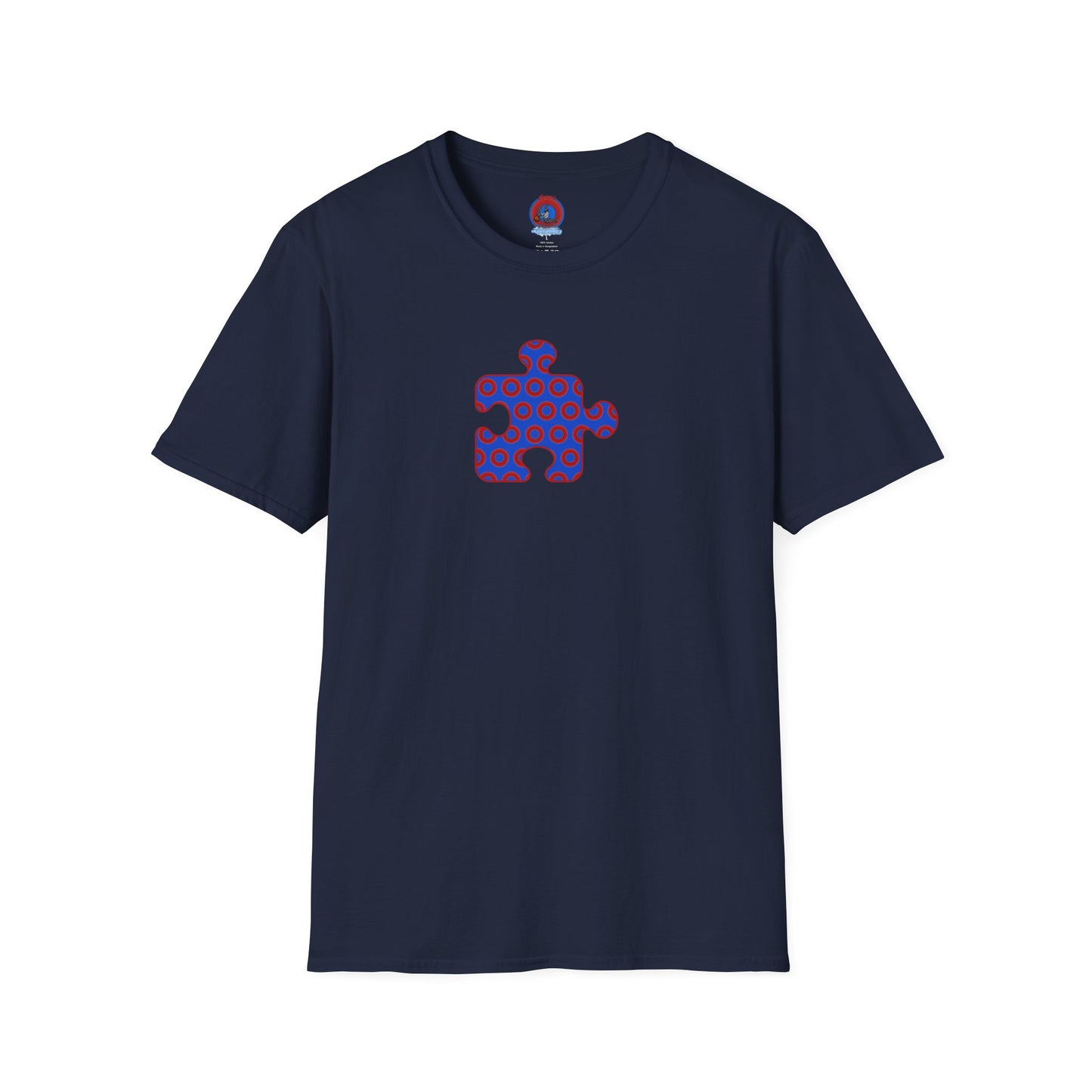Classic Donut Tee - Unisex Soft-Style - "Trey's Completed Donut Pattern" - vivid red/blue puzzle pattern - variant 2