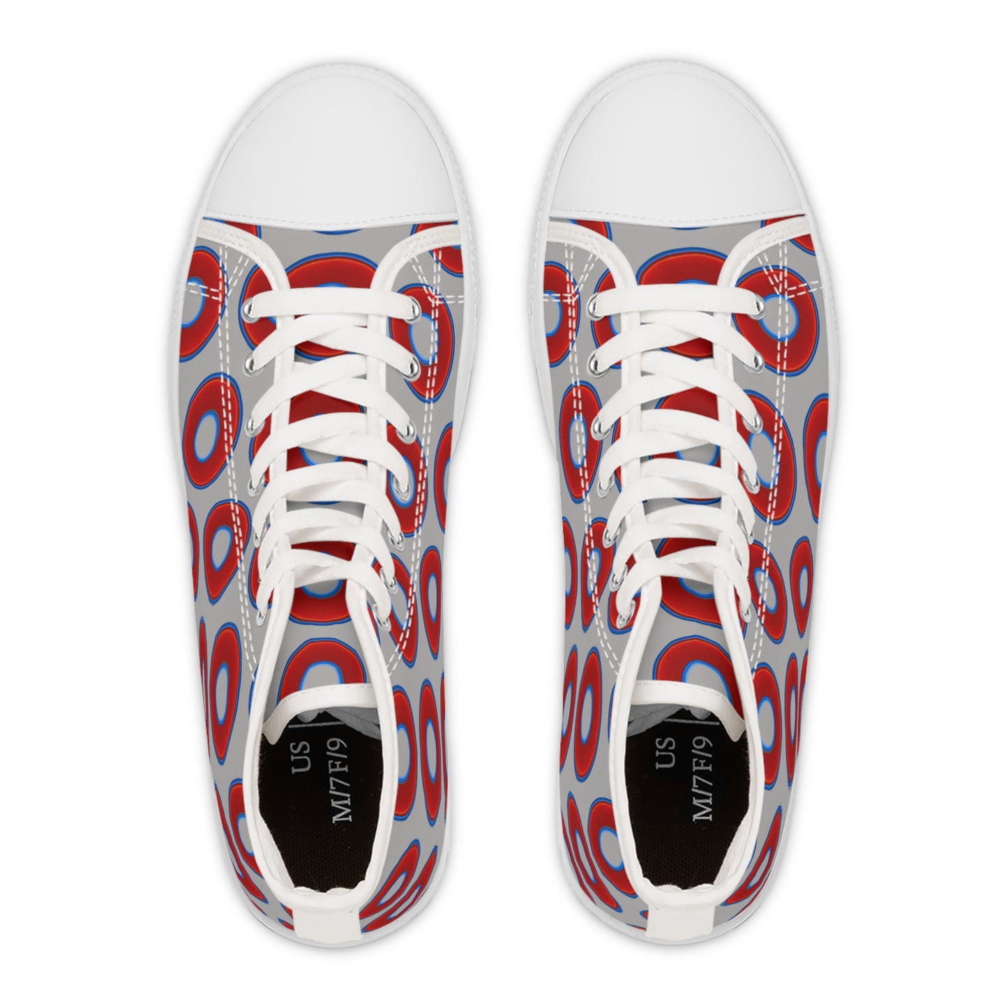 Women's High Top Chuck Taylors - large vivid red donut print w/light gray background