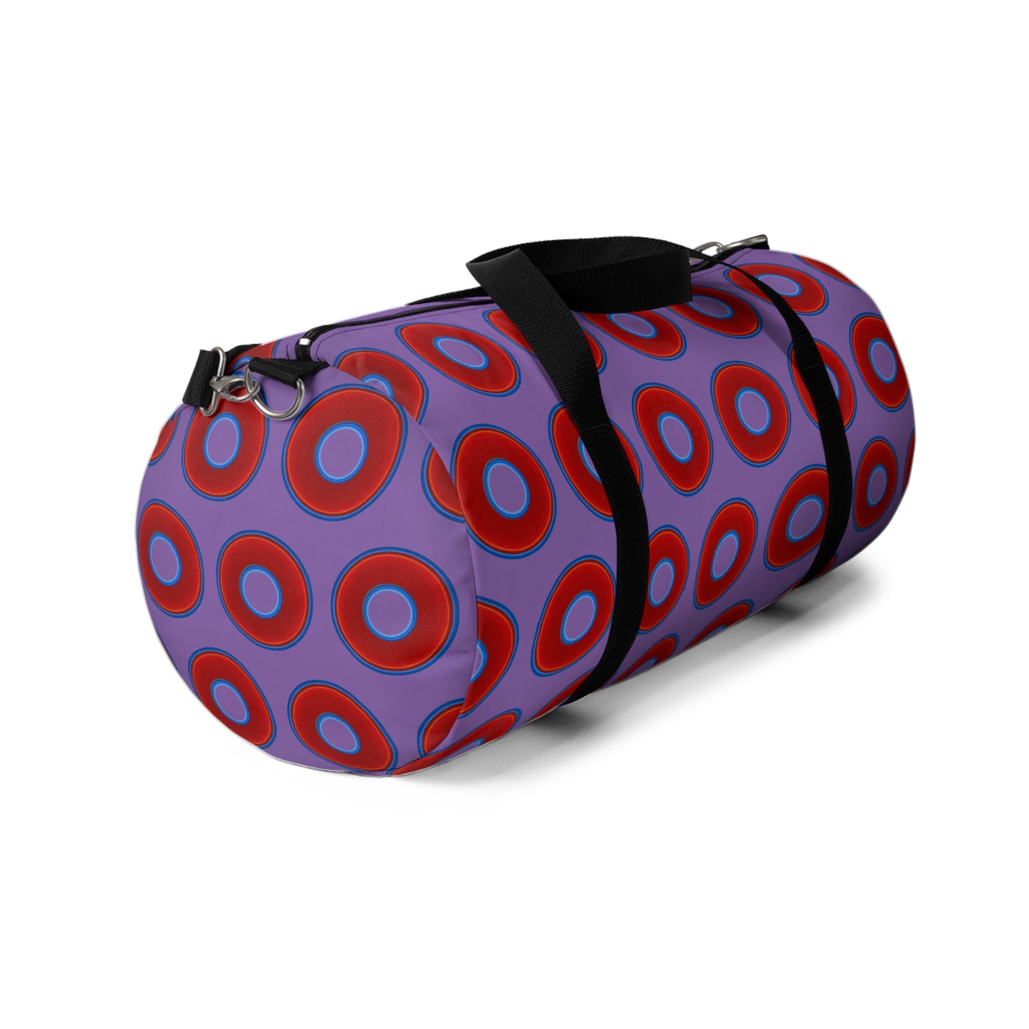 Lumpy Duffel - vivid red donuts w/light purple background