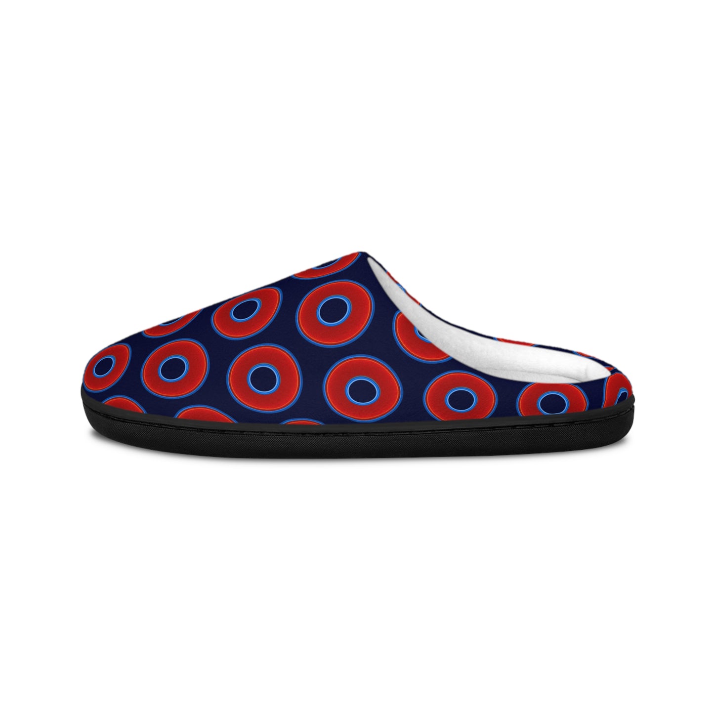 Men's Lumpy Slippers - red vivid donut print w/dark navy blue background