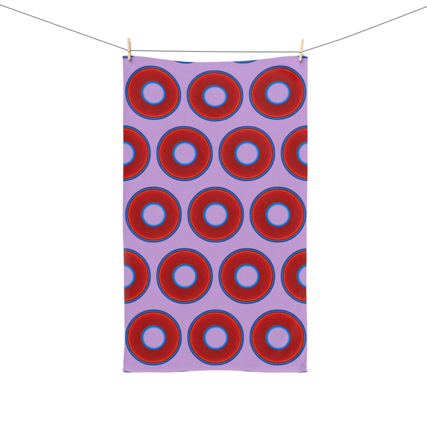 Lumpy Kitchen/Hand Towels - vivid red donuts w/wisteria purple background