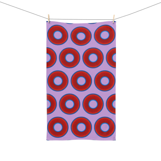 Lumpy Kitchen/Hand Towels - vivid red donuts w/wisteria purple background