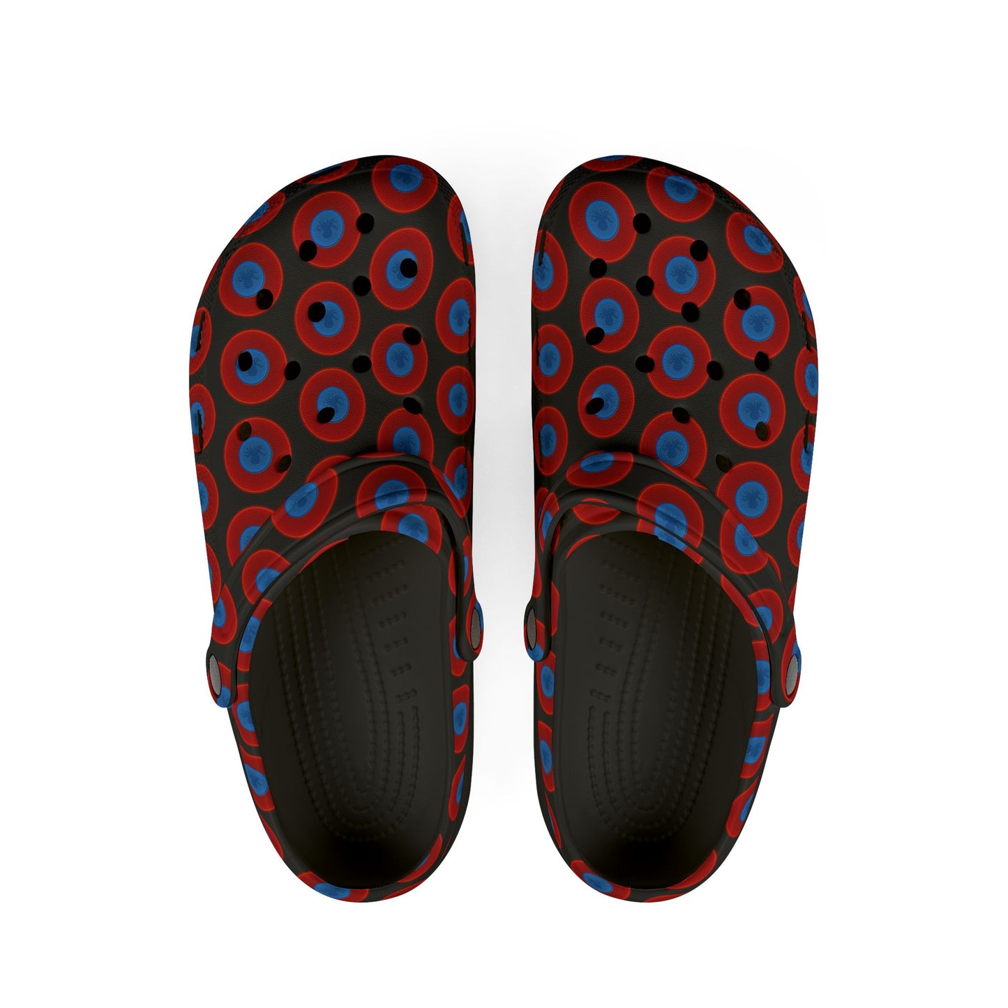 Spatchcocks - donut slip-on shoes - "Roger Moore's Octopussy Donut" - red vivid donuts w/black background [unisex]