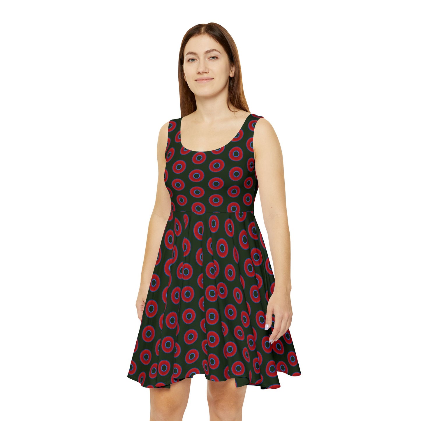 Women's Skater Donut Dress - vivid red donut print w/deep forest green background