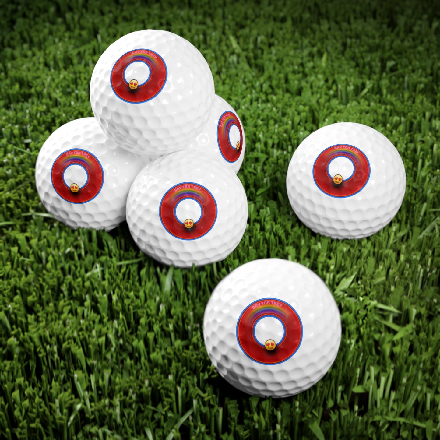Lumpy Donut Golf Balls - 6-pack - "Mark's Favorite Donut" - vivid red/blue donut