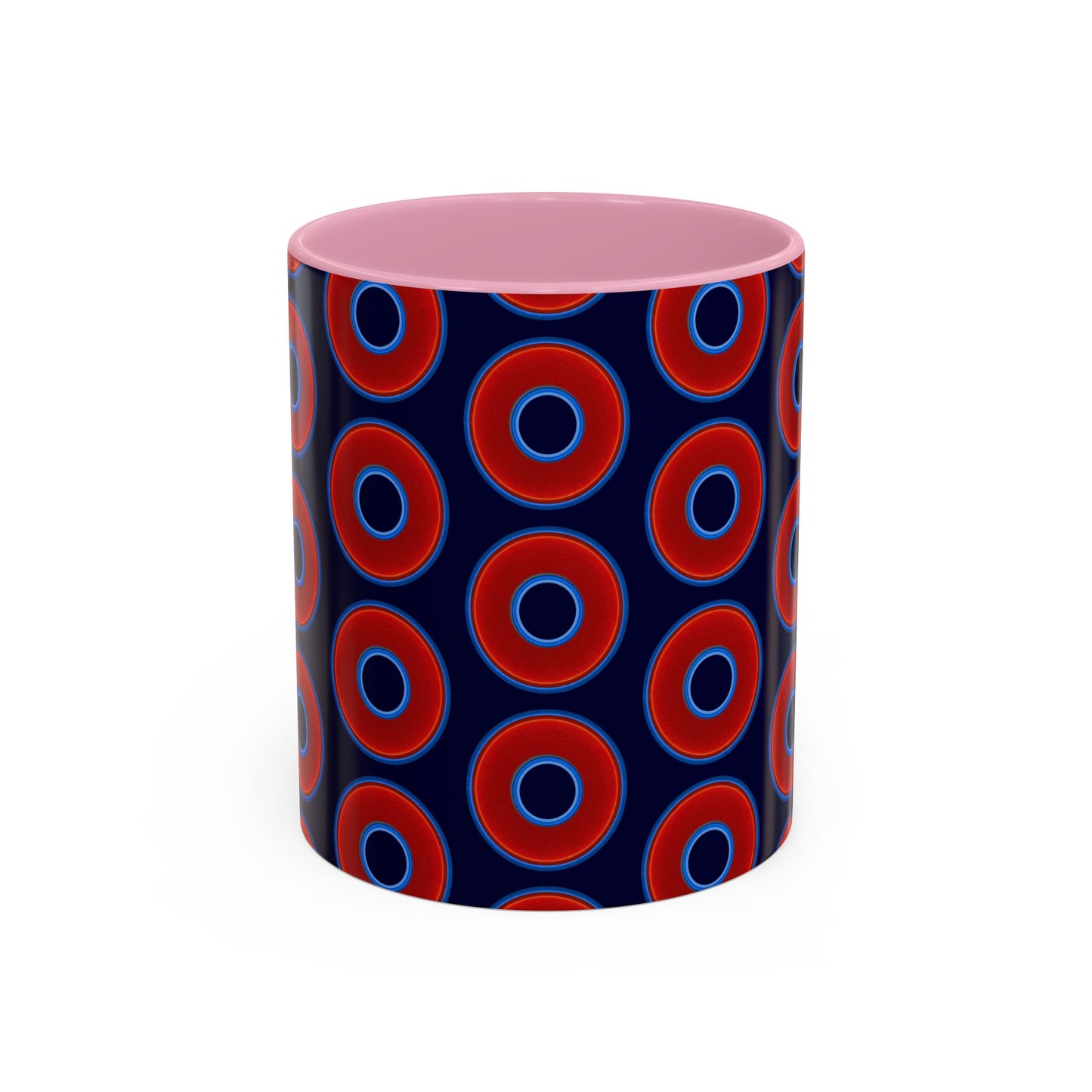 Lump's Grumpy Coffee Mug - vivid red donuts w/midnight blue background