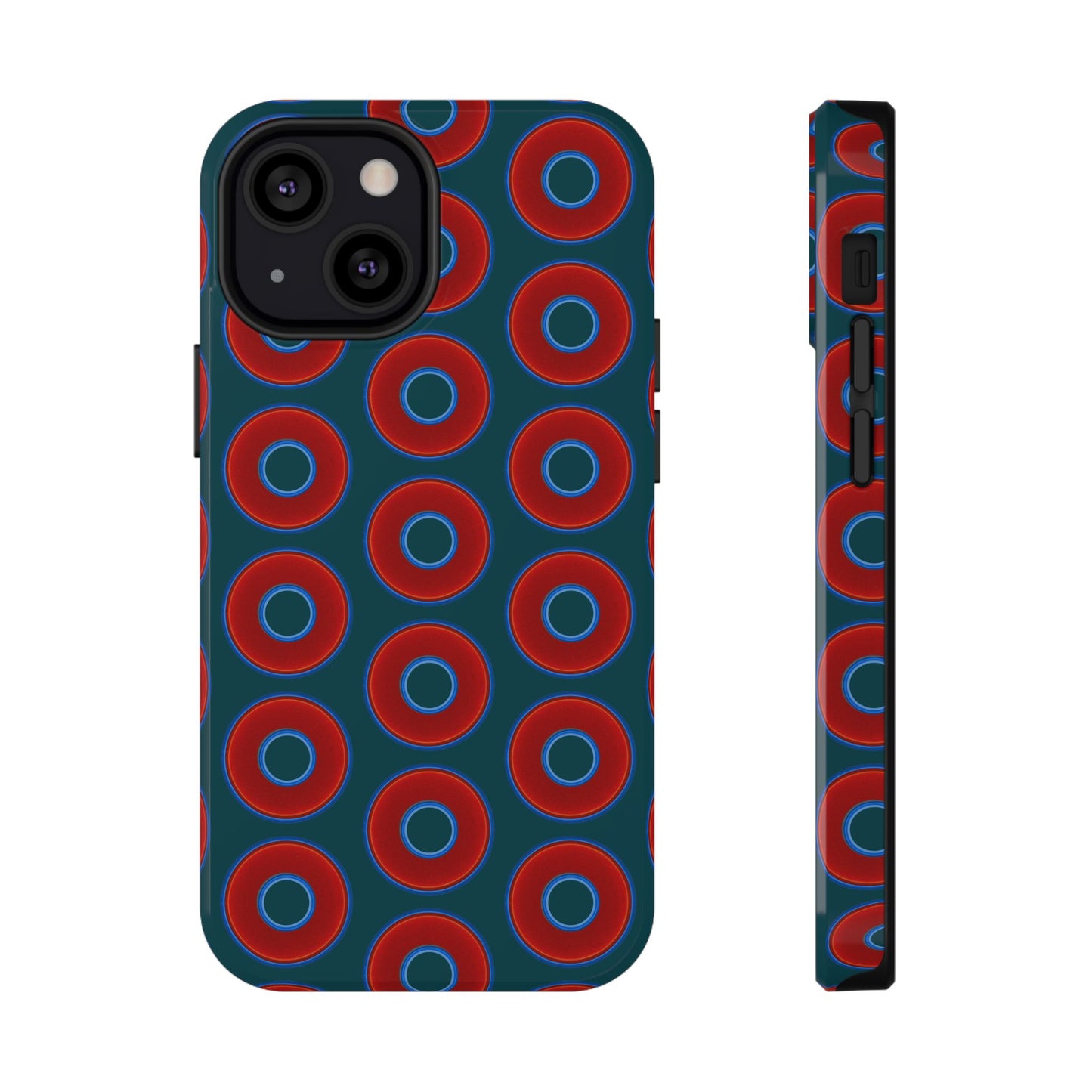 Impact-Resistant Lumpy Donut Case - red vivid donut print w/midnight green background