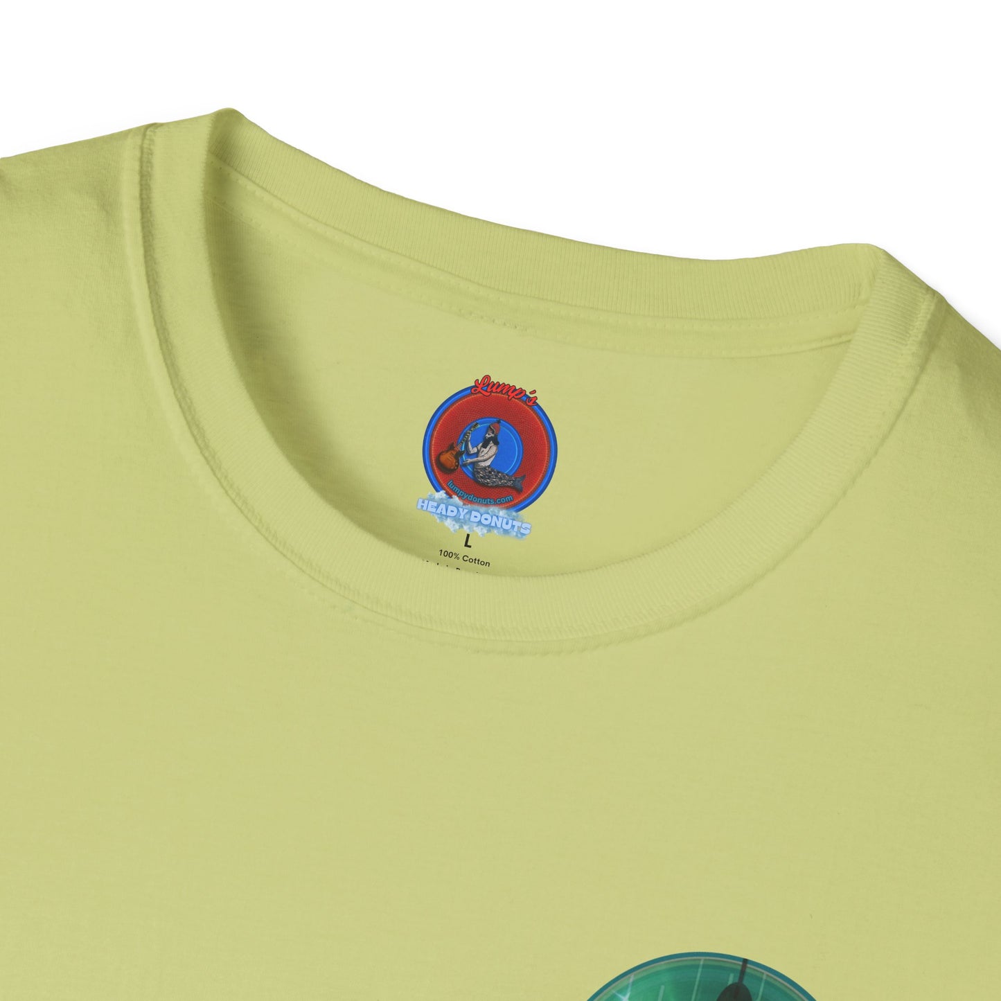 Classic Donut Tee - Unisex Soft-Style - "Harry's Hoodlum Donut" - series 1.0  - variant 4 - lights on/green donut(s)