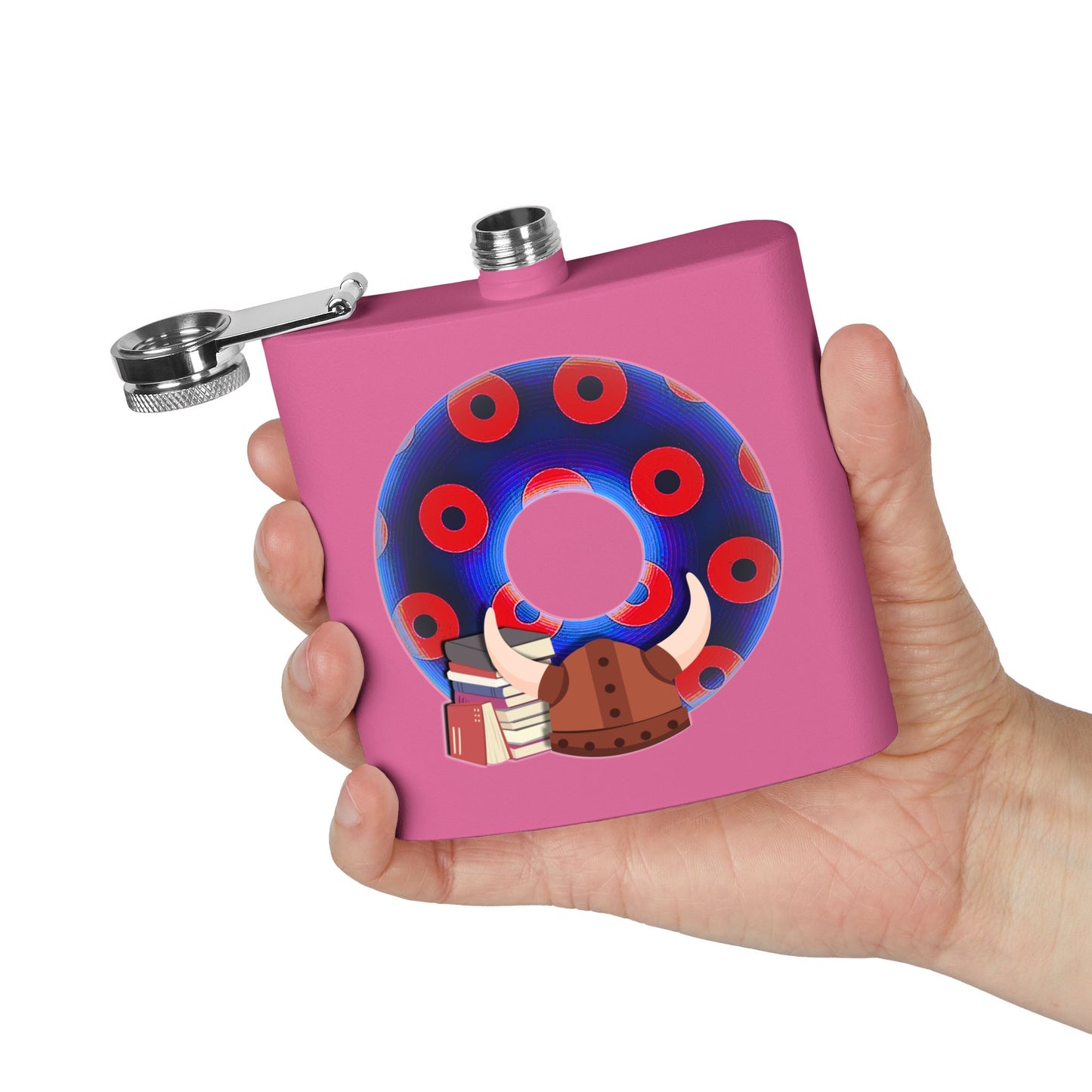 Lump's Donut Flask 6 oz -  "Vlad's Impaling Flask" - blue/red blimpy paradox donut - [*w/your choice of 5 backgrounds]