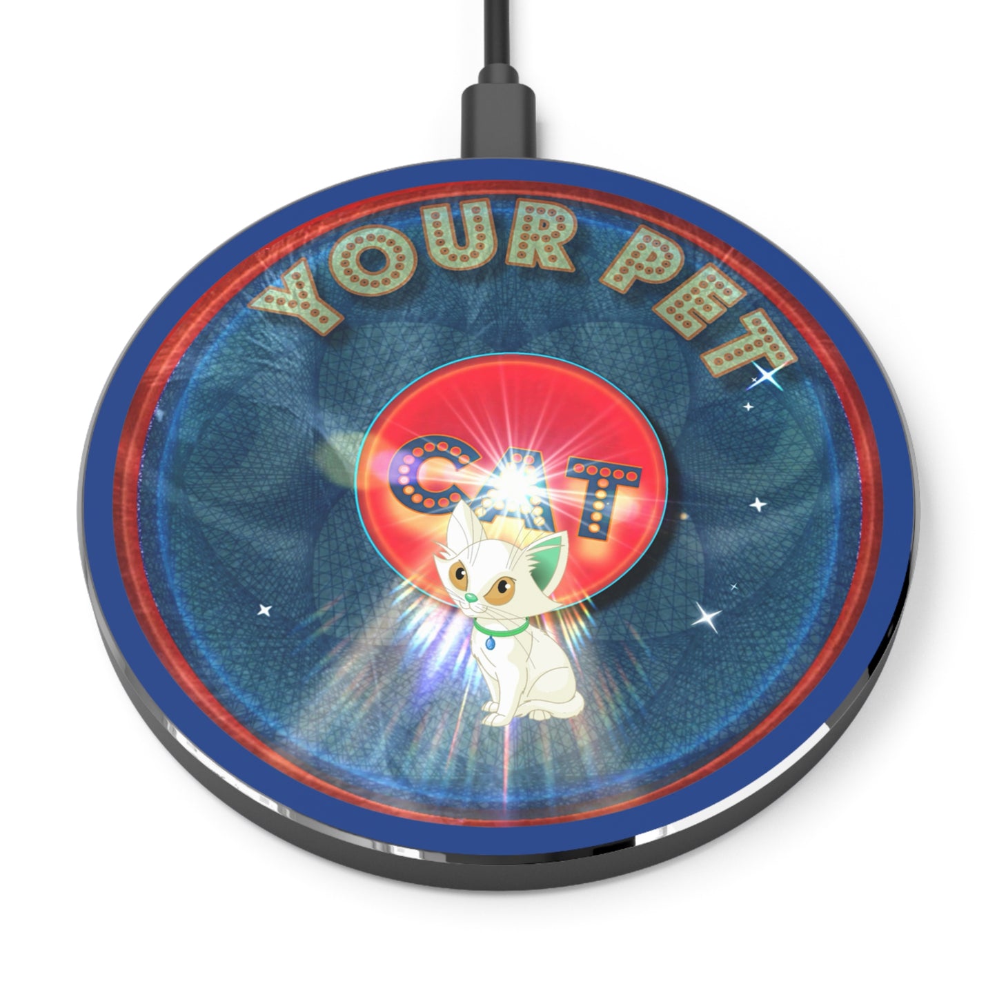 The Flow - Wireless Lumpy Donut Chargers - "Your Pet Donut Charger" - symmetrical feline donut w/dark blue background