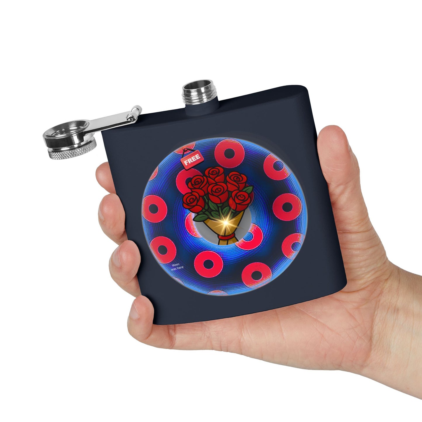 Lump's Donut Flask 6 oz -  "Donuts R Phree" - red/blue rustic donut - [*w/your choice of 6 backgrounds]