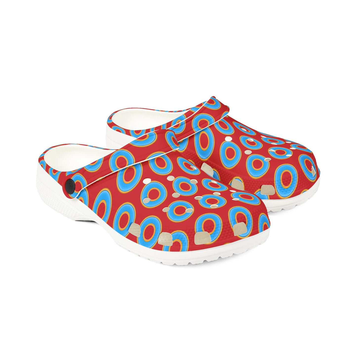Spatchcocks - donut slip-on shoes - light blue rustic donuts w/red background [unisex]