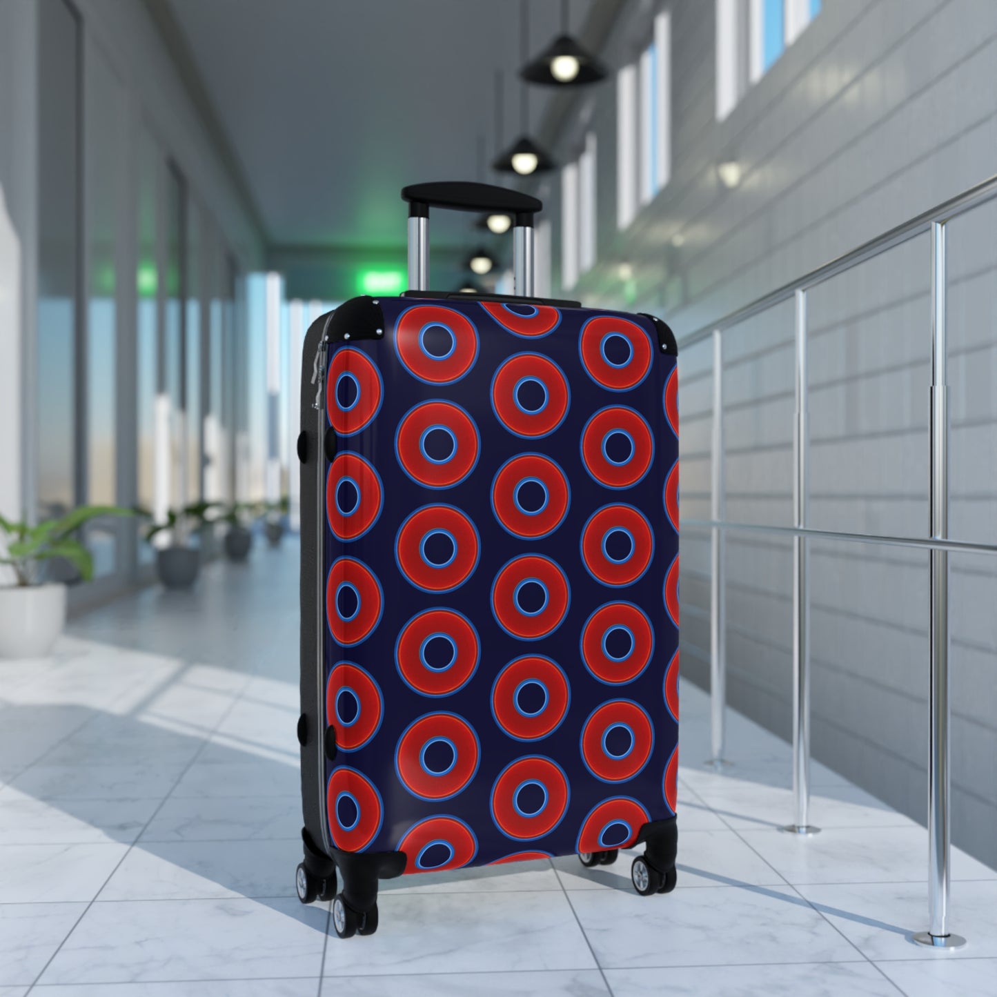 The Very Lumpy Donut Suitcase series - your choice of S, M or L - vivid red donut print w/midnight blue background