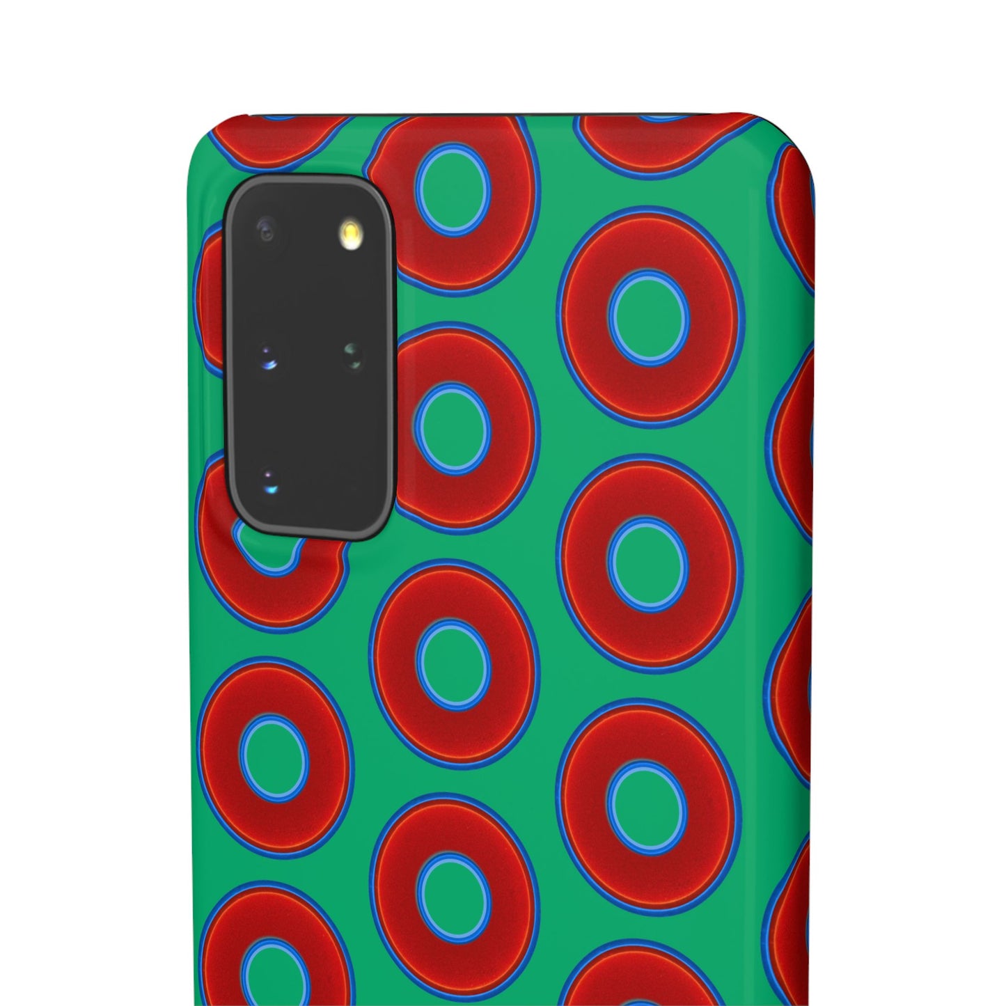 Lumpy Donut Snap Case - red vivid donut print w/jade green background