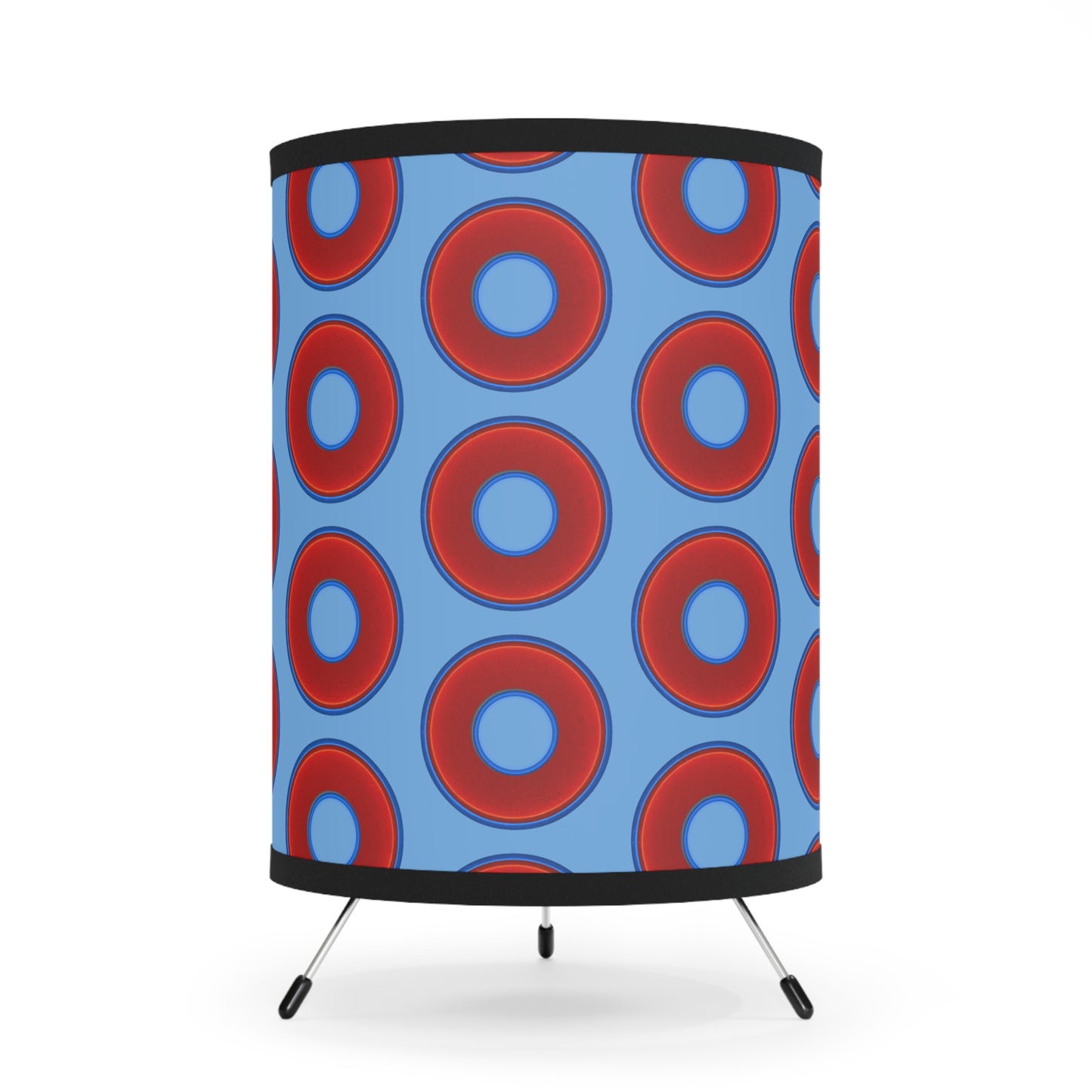 Lumpy Tripod Donut Lamp - vivid red donuts w/light blue background