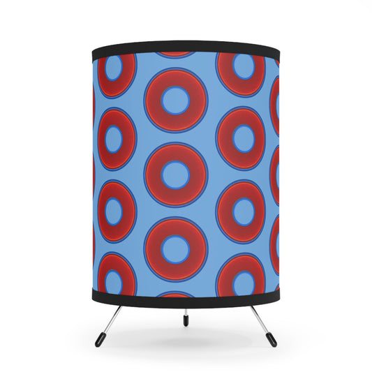 Lumpy Tripod Donut Lamp - vivid red donuts w/light blue background