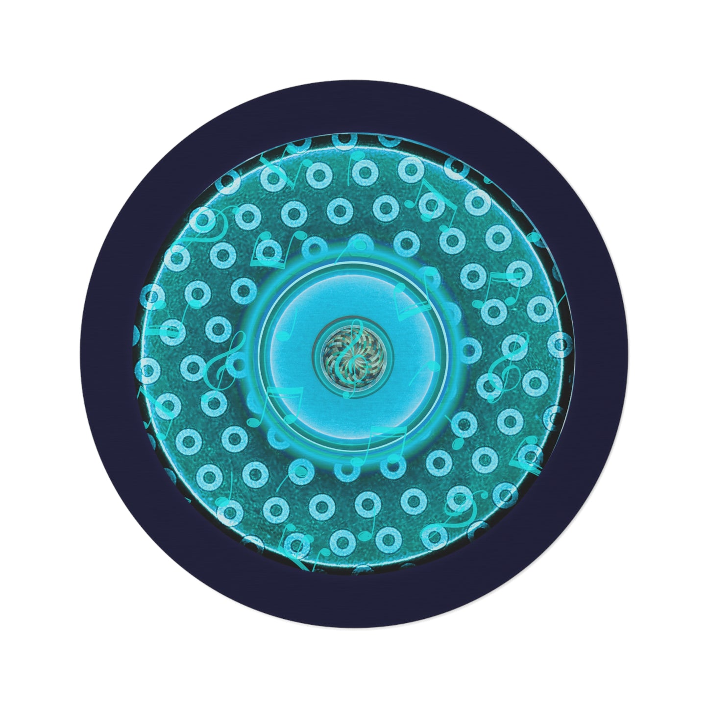 Round Room - 5 ft x 5 ft Lumpy Donut Rug - "A Song I Thought I Heard the Donut Sing" - paradoxical aquamarine/dark teal donut w/midnight blue background