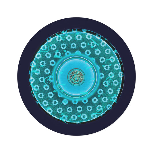 Round Room - 5 ft x 5 ft Lumpy Donut Rug - "A Song I Thought I Heard the Donut Sing" - paradoxical aquamarine/dark teal donut w/midnight blue background