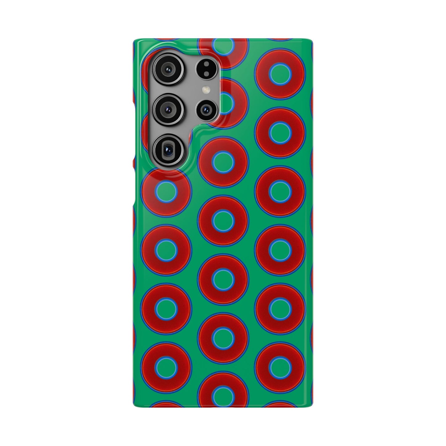 Lumpy Donut Snap Case - red vivid donut print w/jade green background