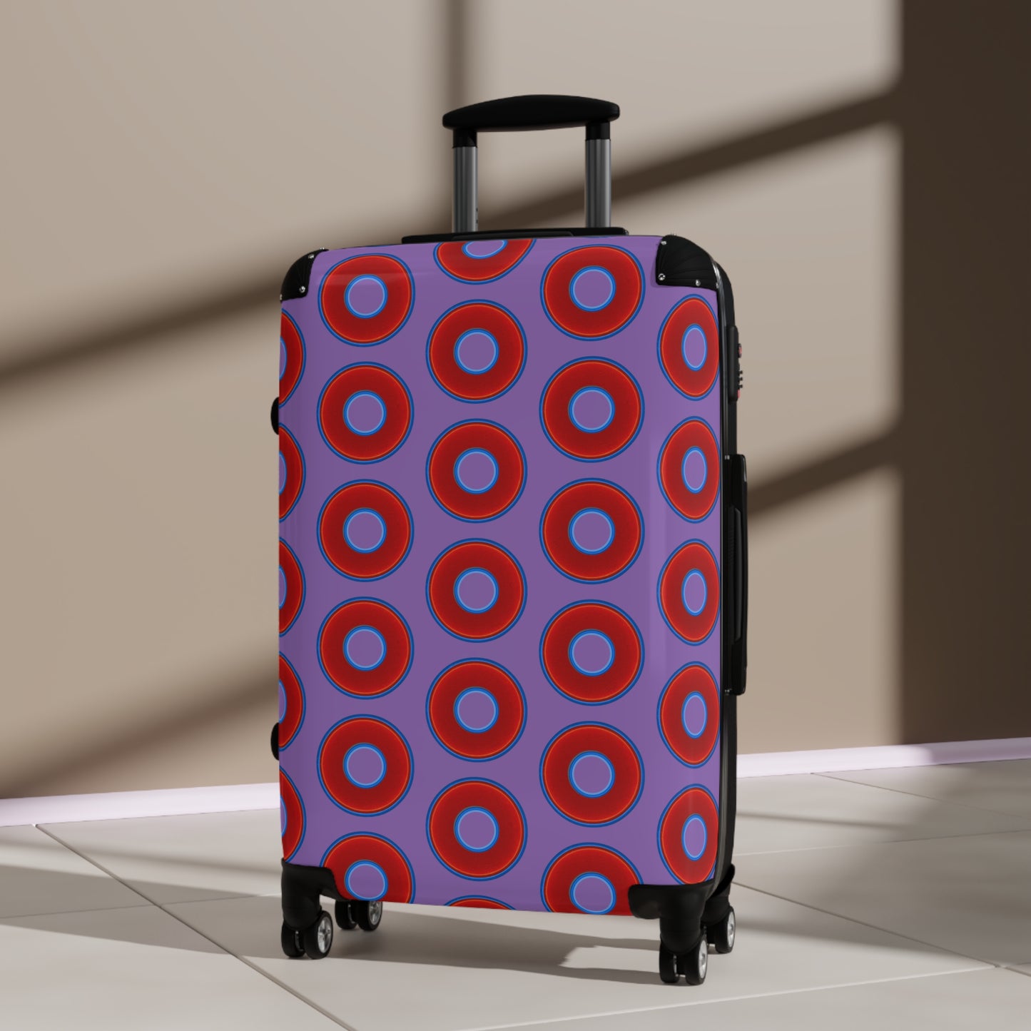 The Very Lumpy Donut Suitcase series - your choice of S, M or L - vivid red donut print w/light purple background