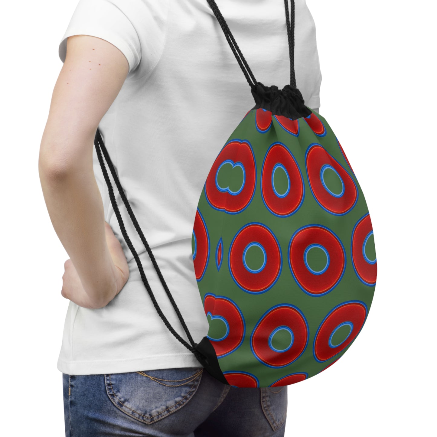 Lumpy Donut Drawstring Bag - red vivid donuts print w/dark Fenway green background