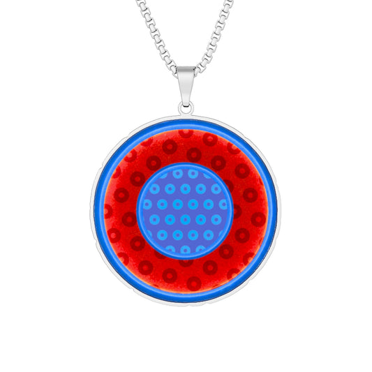 Lump's Heady Donut Necklace - 1" x 1" Stainless Steel Pendant - "Abstract Donuts Within Donuts" -red/blue widemouthed paradox donut