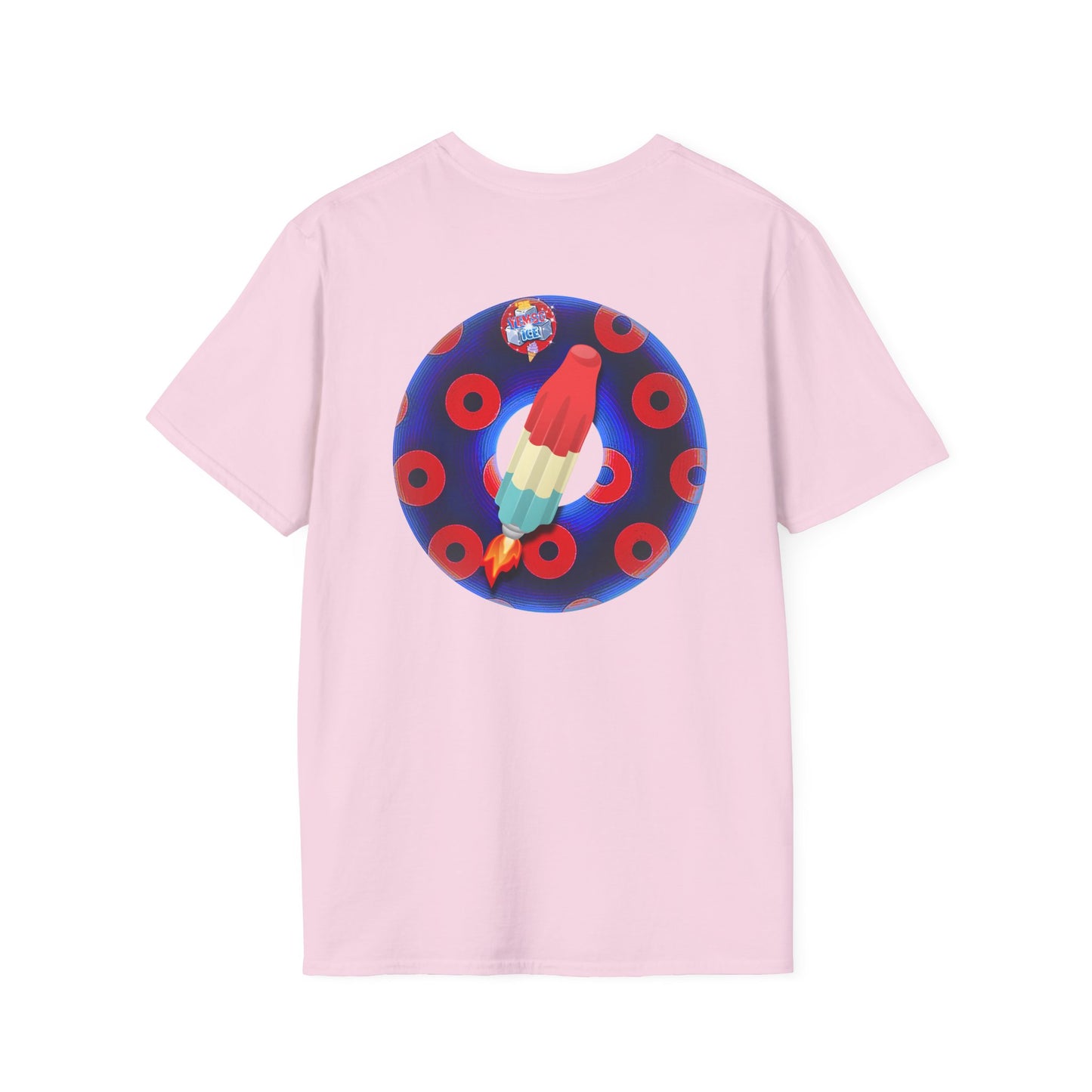 Classic Donut Tee - Unisex Soft-Style - "Blow this Popsicle Stand" - blue/red paradox bomb pop donut - variant 2