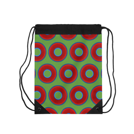 Lumpy Donut Drawstring Bag - red vivid donuts print w/light green background