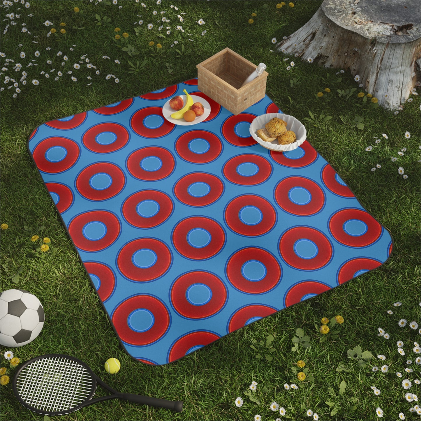 The Lumpy Party Blanket - giant water-resistant outdoor blanket [61" x 51"] - vivid red donuts w/light steel blue background