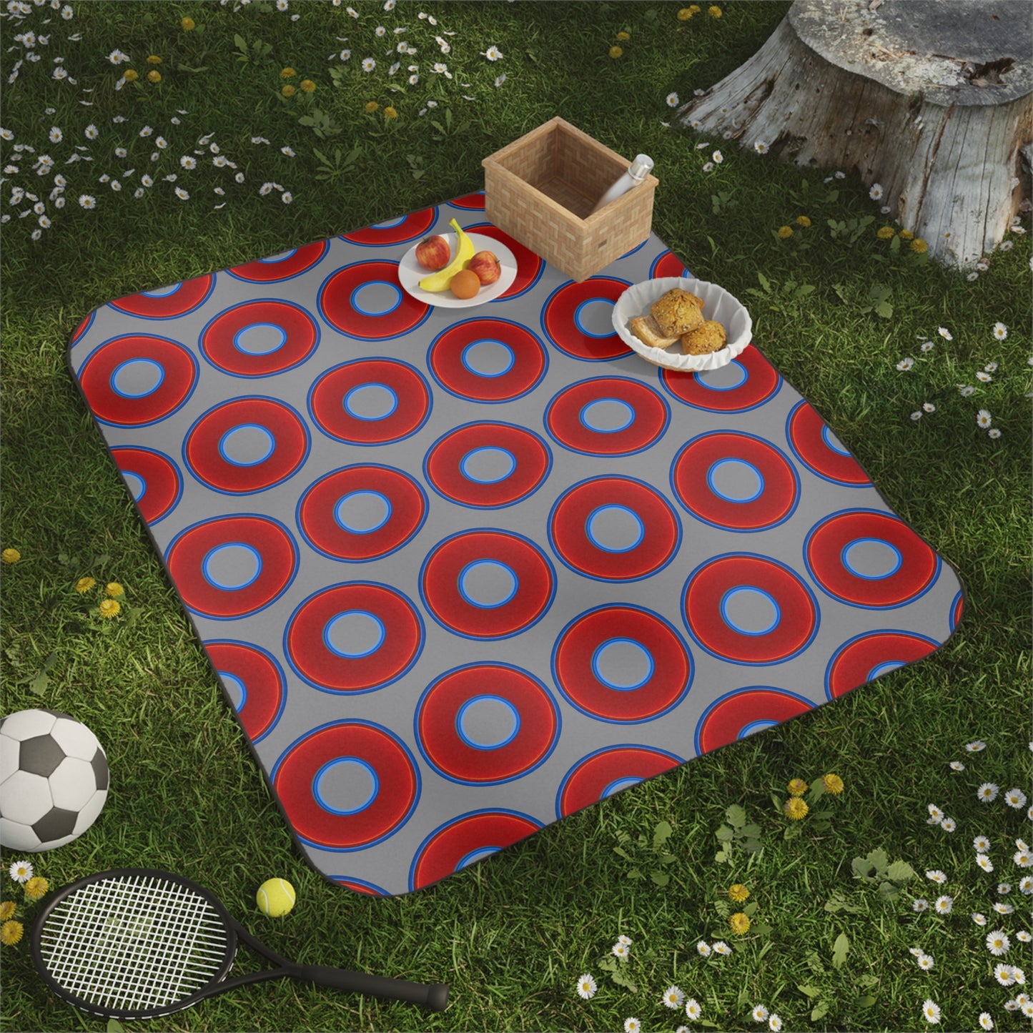 The Lumpy Party Blanket - giant water-resistant outdoor blanket [61" x 51"] - vivid red donuts w/gray background