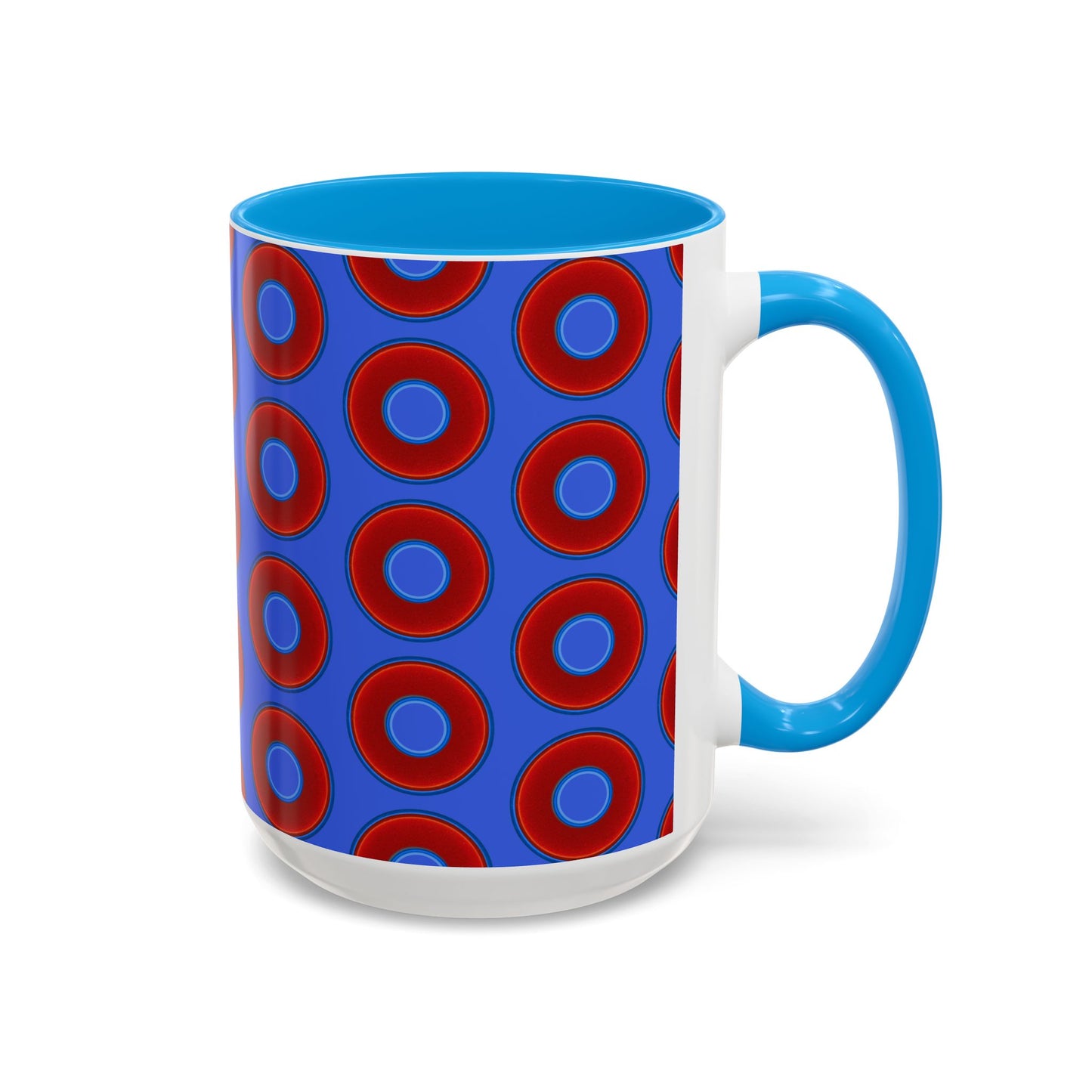 Lump's Grumpy Coffee Mug - vivid red donuts w/royal blue background