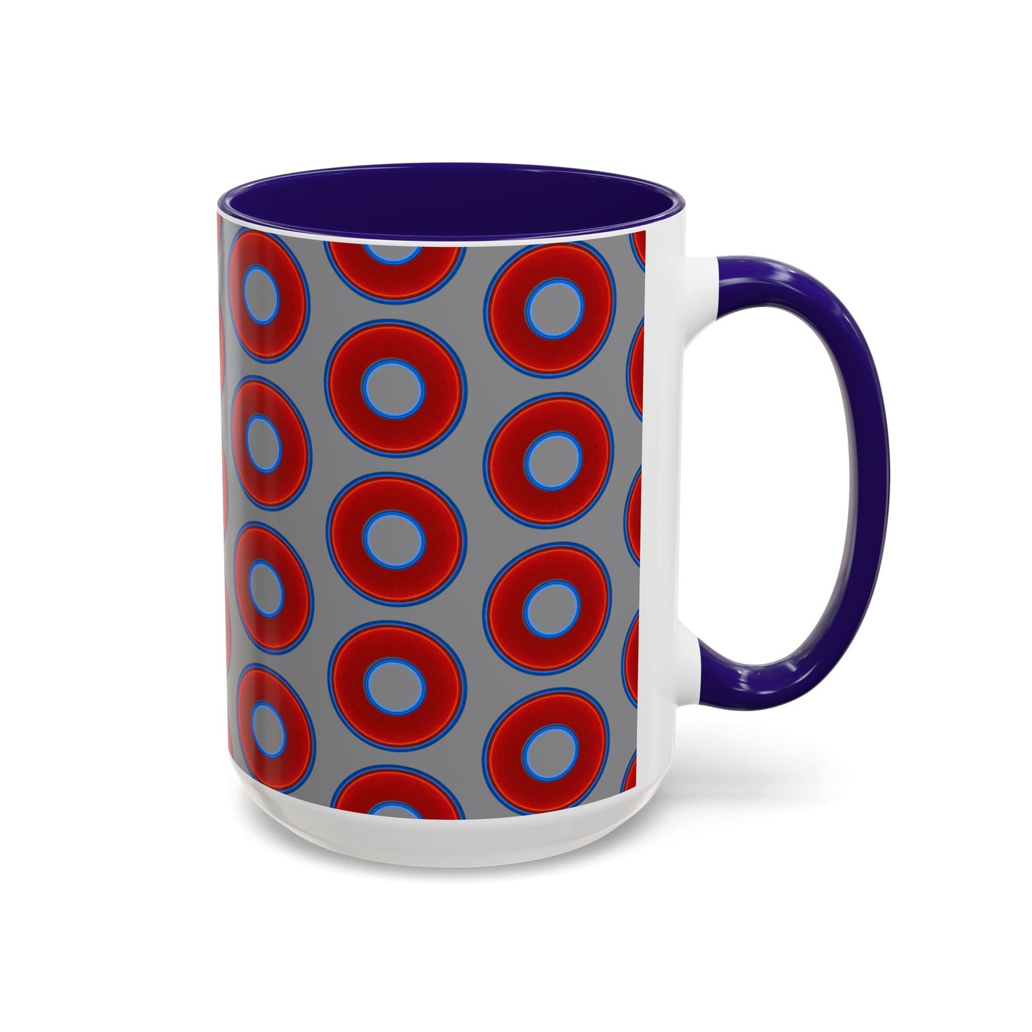 Lump's Grumpy Coffee Mug - vivid red donuts w/gray background