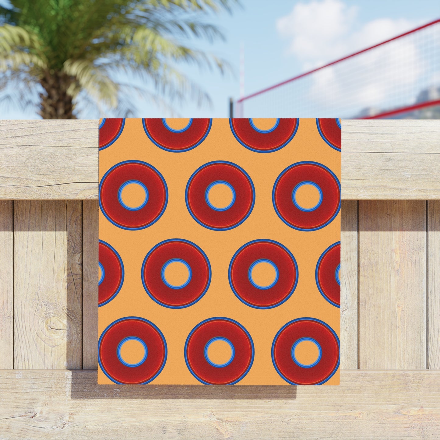 Lumpy Donut Towels - vivid red donuts w/creamsicle orange background
