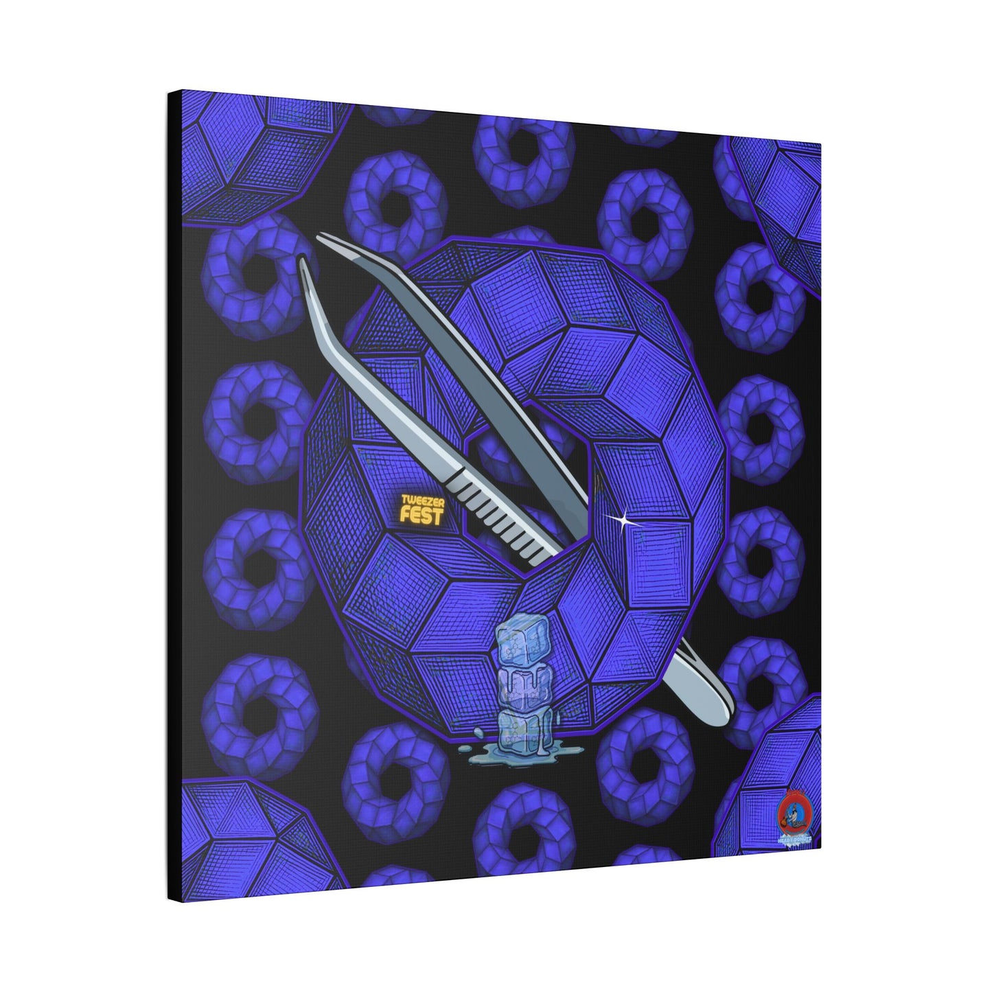 GIANT  Canvas [36" x 36"] - "Uncle Ebenezer's Donut" - blue cubed donuts - w/donut field - variant 1