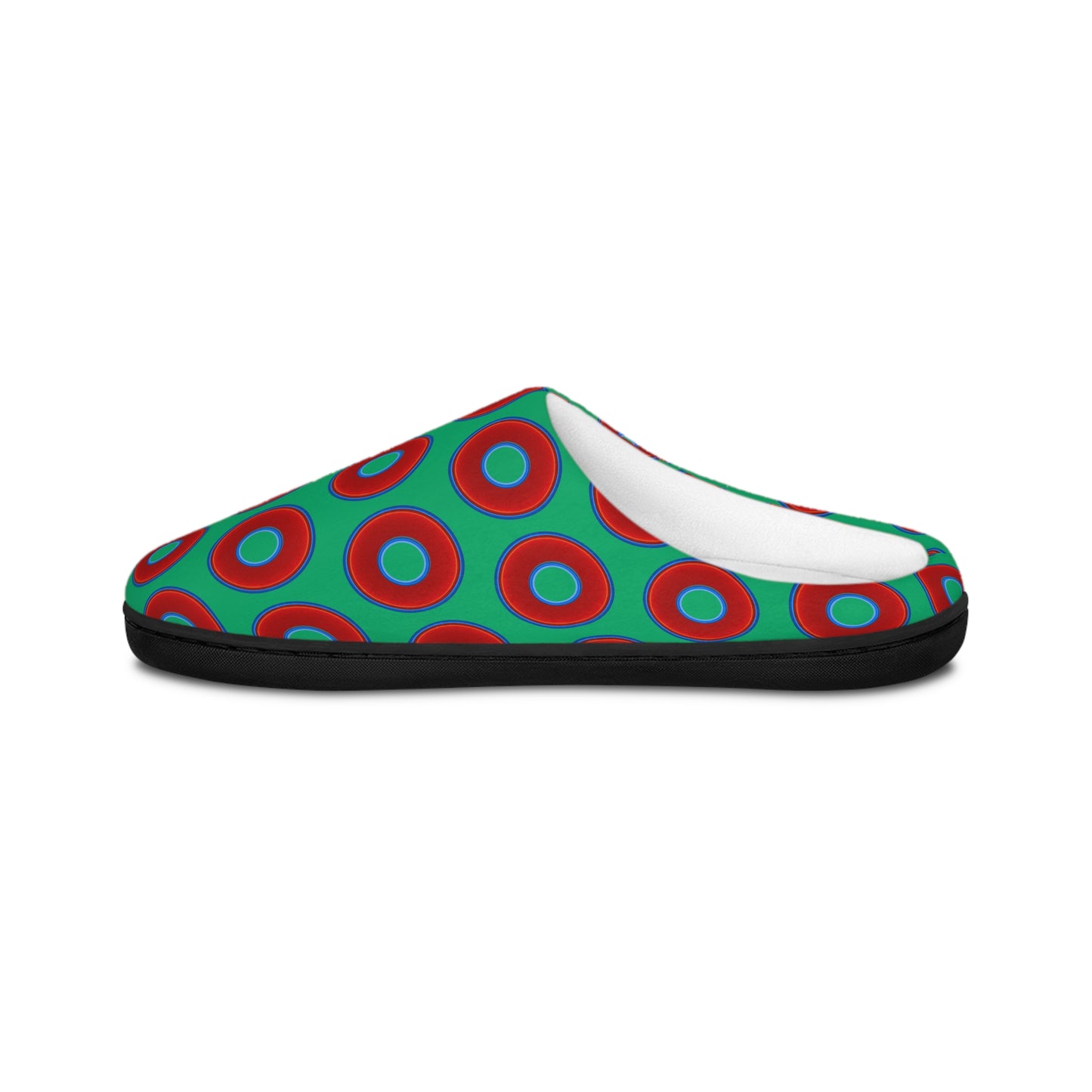 Women's Lumpy Slippers - red vivid donut print w/jade green background