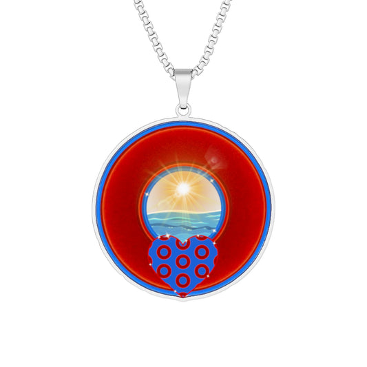Lump's Heady Donut Necklace - 1" x 1" Stainless Steel Pendant - "Ocean Donut of Love Pendant" - vivid red/blue donut w/ocean & sun - variant 2