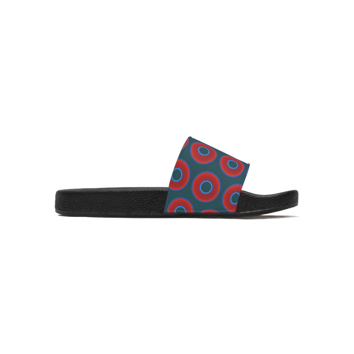 Men's Lumpy Sandals - slip-ons - red vivid donuts w/midnight teal green background